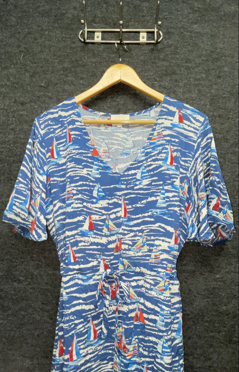 Stitch by Chenault Women's Blue Nautical Sailboat Print Rayon Tie Waist Midi XL