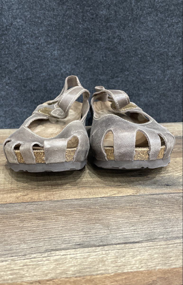 Sabatin Brown Leather Closed Toe Cork Wedge Mary Jane Slides Size 42