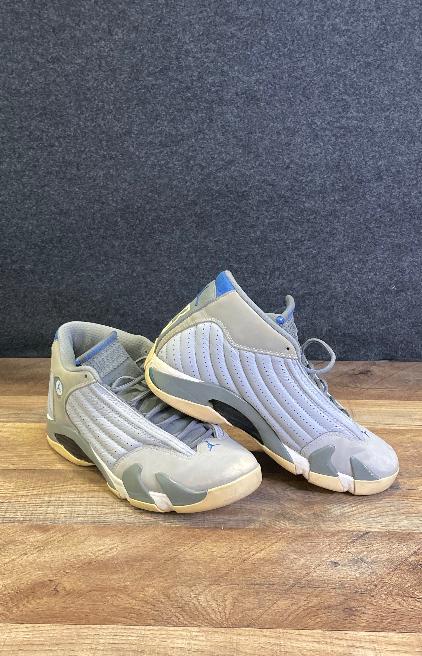 Nike Air Jordan 14 Retro Wolf Grey Sport Blue Basketball Shoes Size 9.5