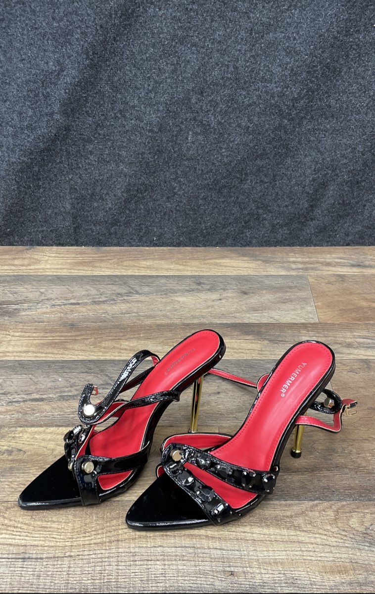 Yumermer Black Red Patent Pointed Toe Stiletto Sandals Size 37