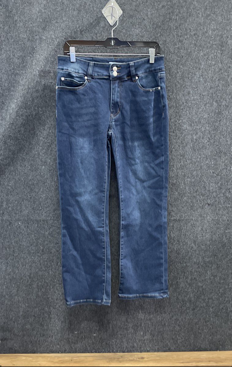 Tahari Women's Dark Blue Wash Double Button Straight Leg Petite Jeans Sz 6P