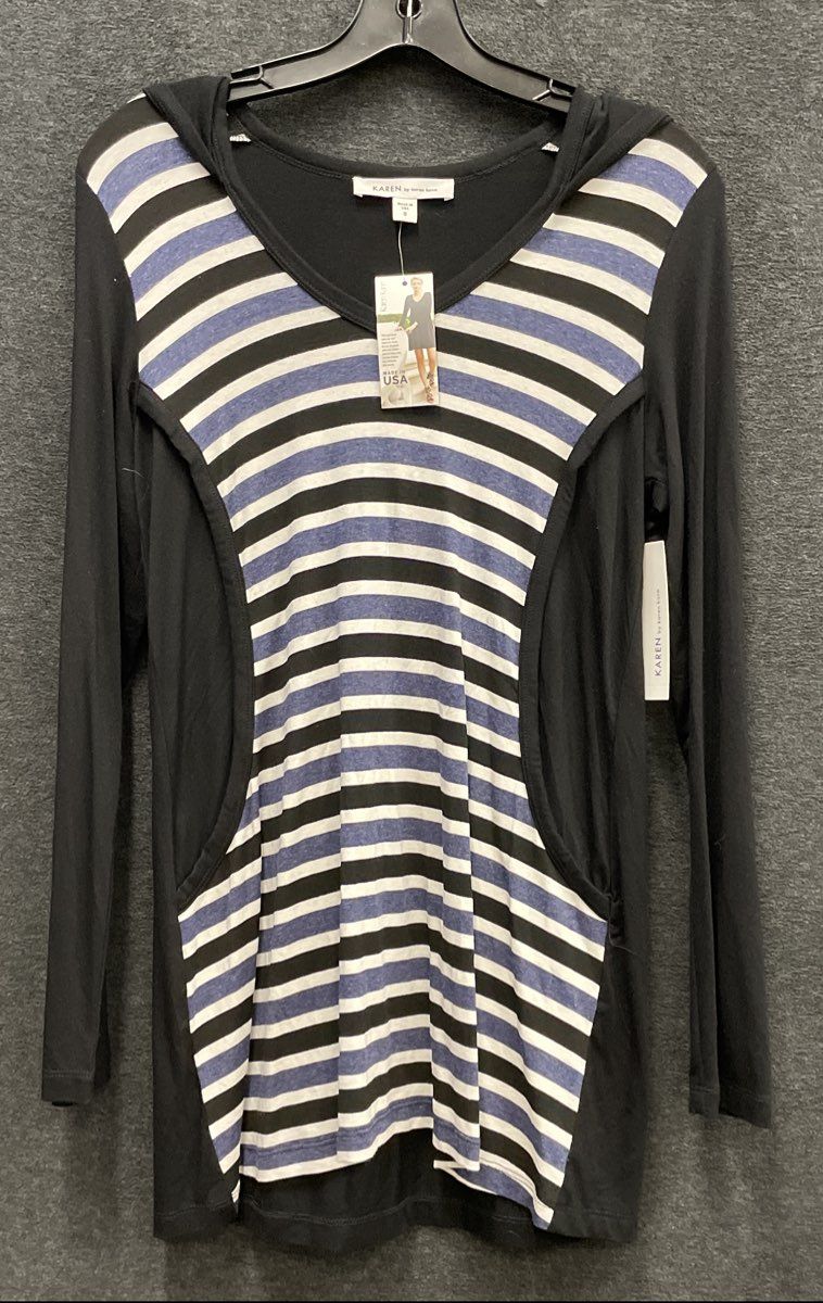 Karen Kane Women's Black Blue Striped Hooded Shirt Long Sleeve Tunic NWT Sz S
