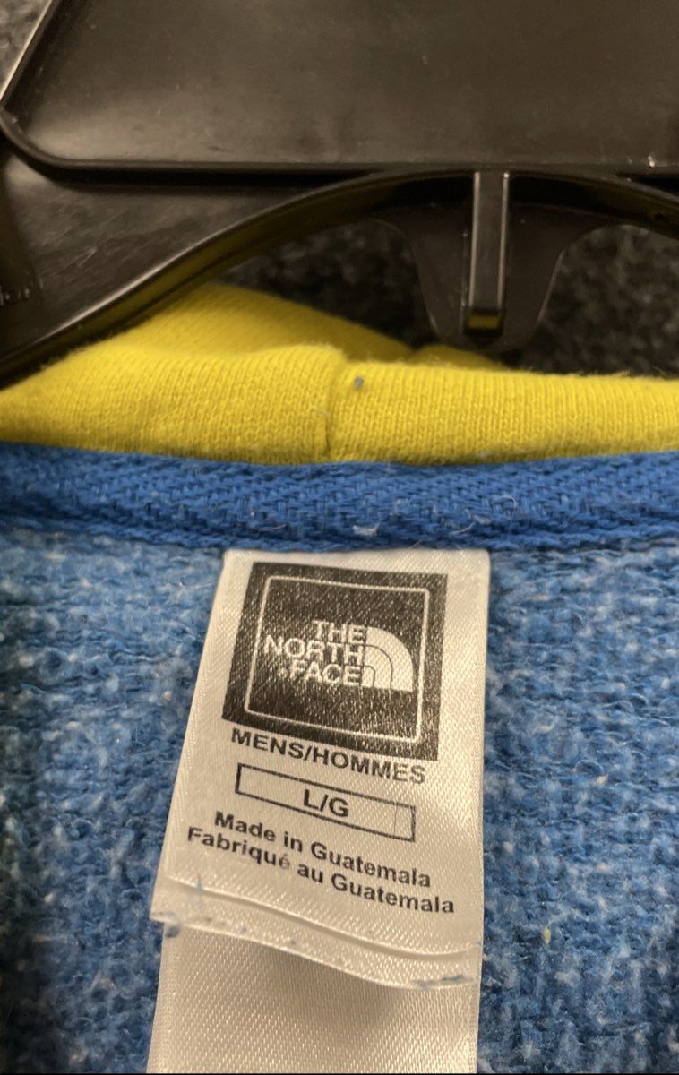 The North Face Men's Heathered Blue Hoodie Graphic Logo Yellow Drawstring Sz L