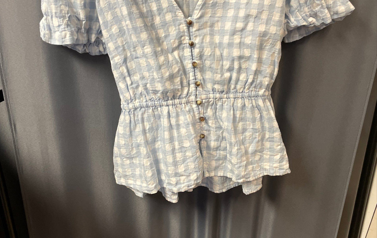 Maeve Anthropologie Women's Blue White Gingham Peplum Tie Back Top Sz 16
