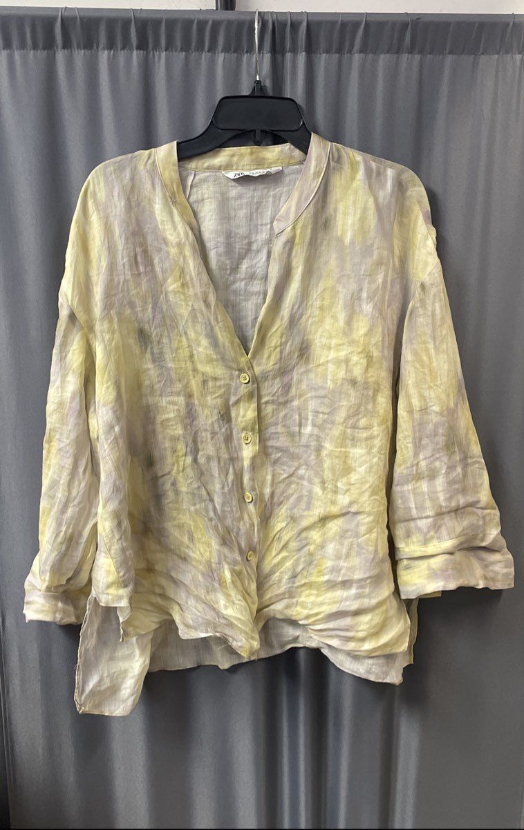 Zara Women's 2-Piece Set Yellow Gray Watercolor Shirt Wide Leg Pants Sz XL