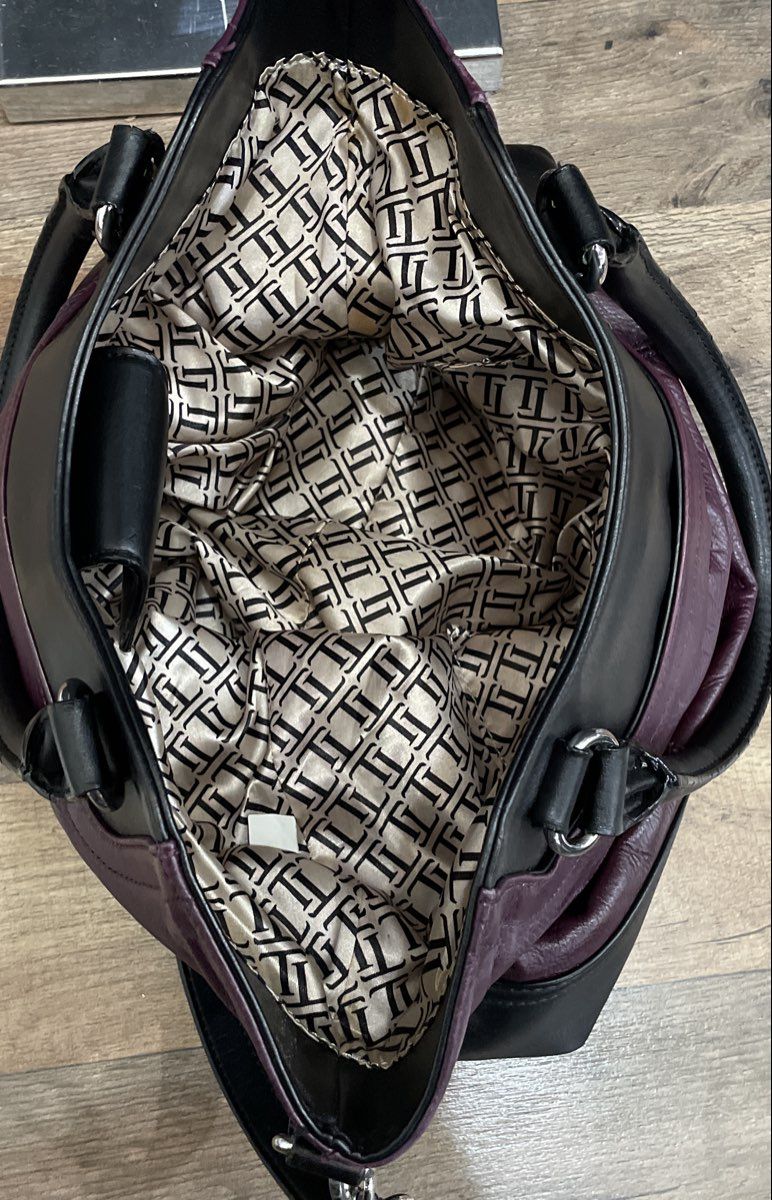 Tignanello Purple and Black Leather Tote Handbag Silver Hardware