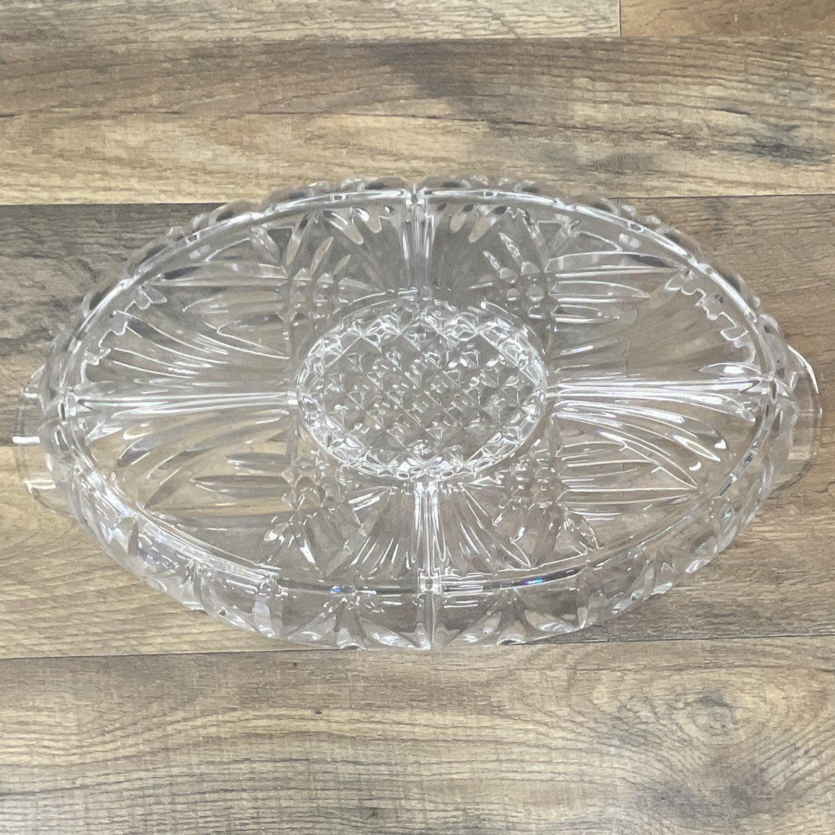 Pressed Glass Divided Relish Dish Starburst & Diamond Pattern Tray 16" Vintage