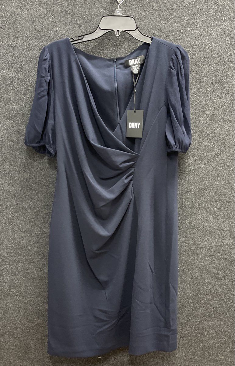 DKNY Women's Navy Blue Puff Sleeve Ruched Faux Wrap Sheath Dress Sz 14 NWT