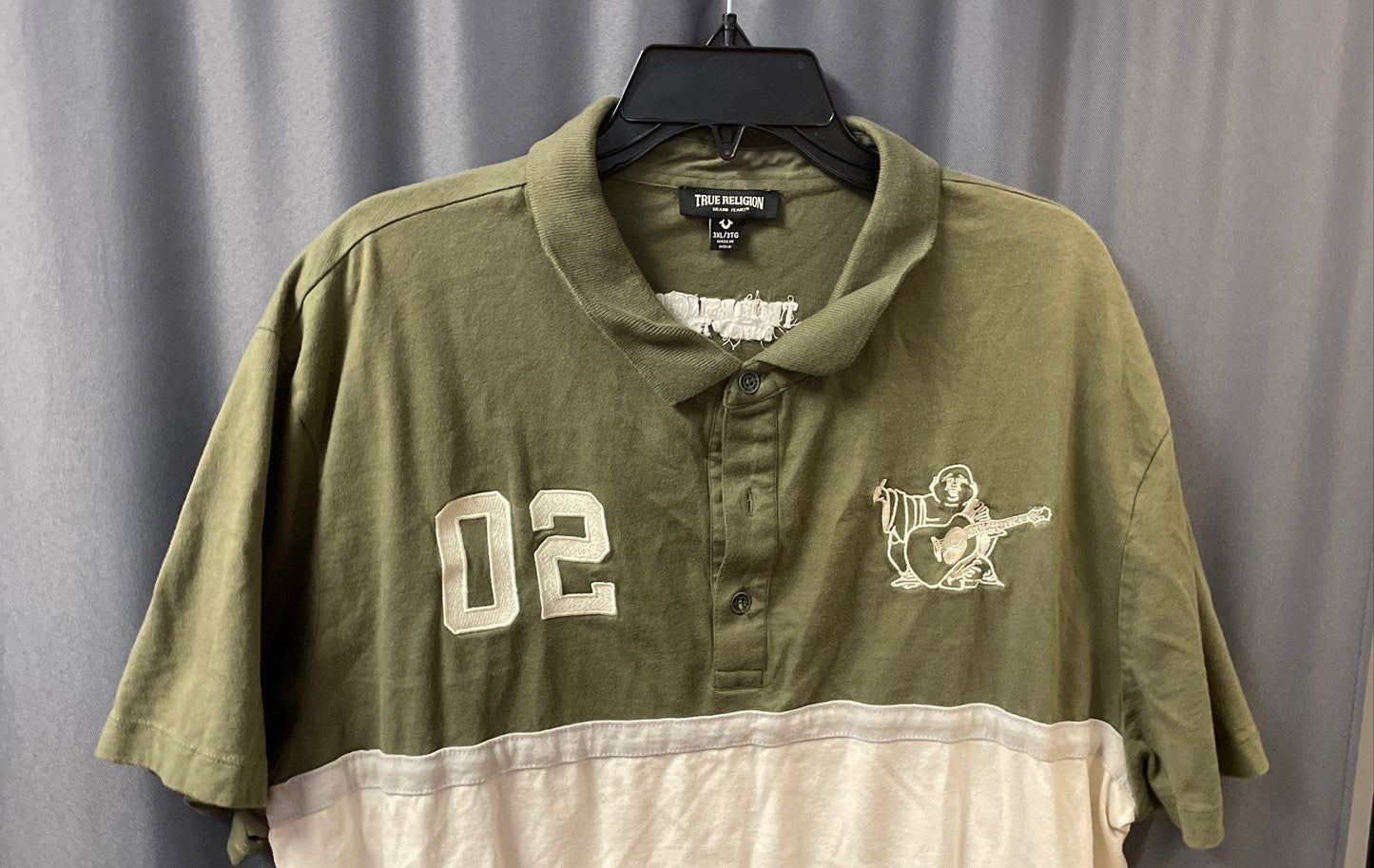 True Religion Men's Green White Stripe Embroidered Buddha Polo Shirt Sz 3XL