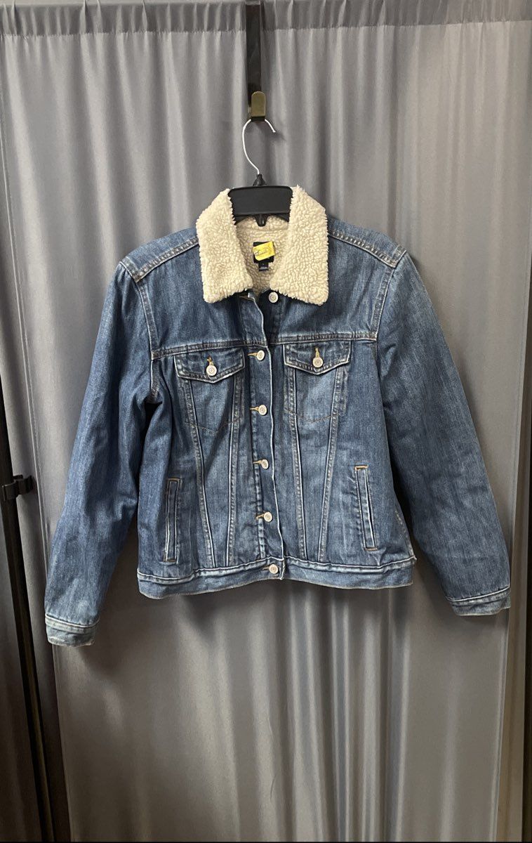 Gap Women's Blue Denim Trucker Jacket Faux Shearling Sherpa Collar Sz L