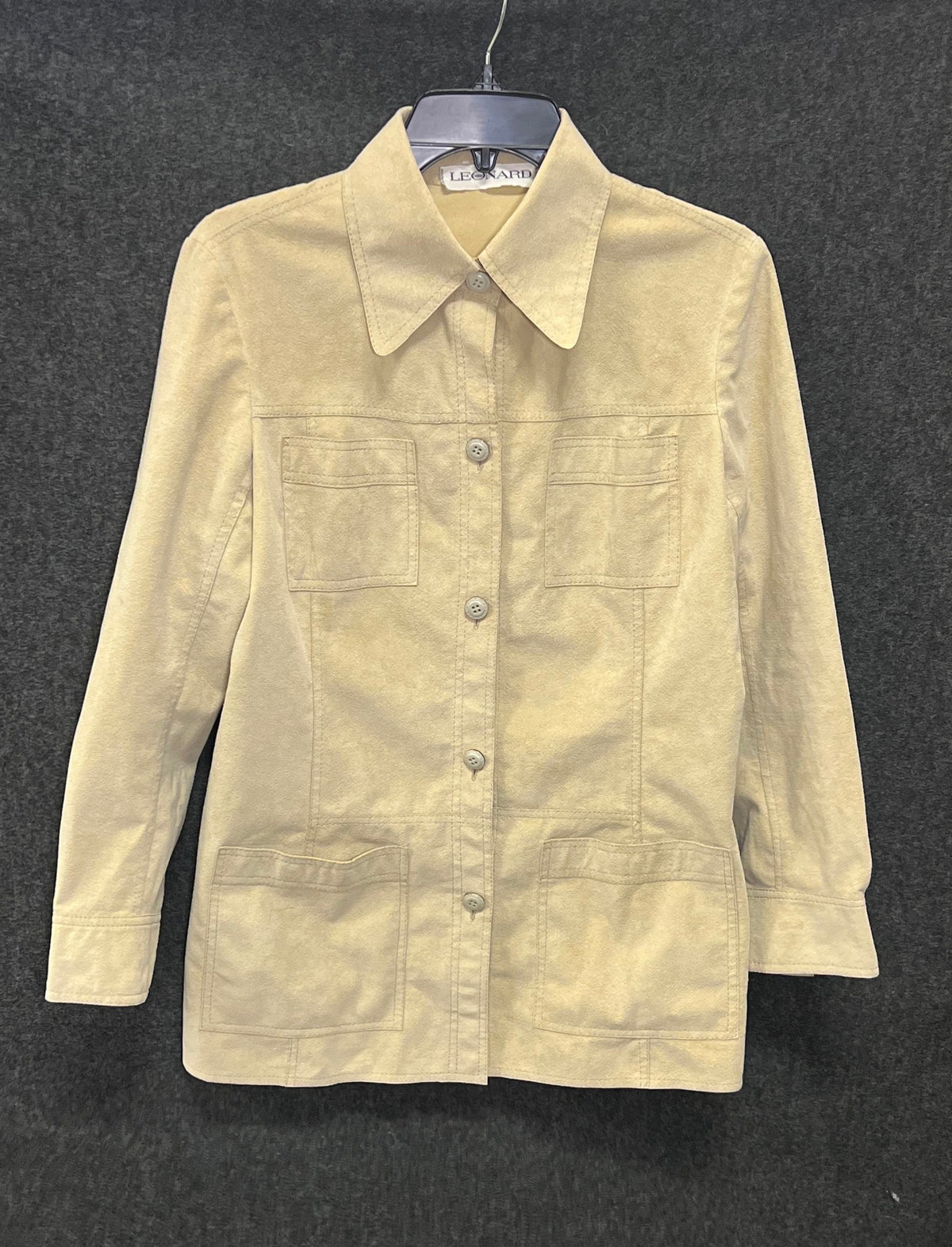 Vintage 90s Leonard Paris Women's Tan Faux Suede Safari Jacket France Size 2