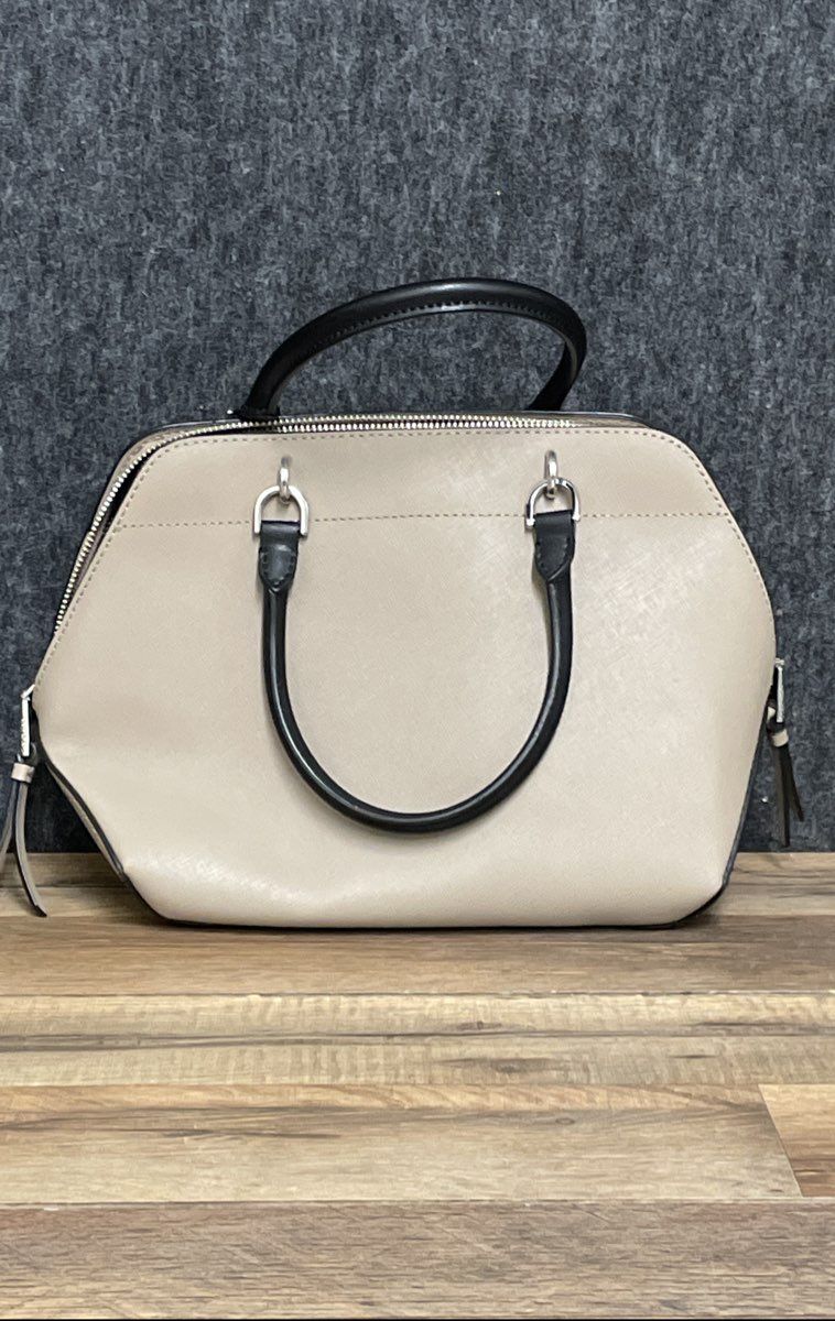 Calvin Klein Beige Black Saffiano Leather Susan Satchel Bag Silver Hardware