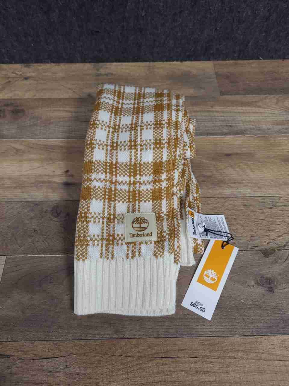 Timberland Unisex Plaid Knit Scarf Mustard White Checkered NWT