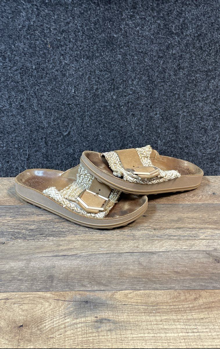 Fantasy Sandals Tan Gold Woven Suede Slide Sandals Size 38