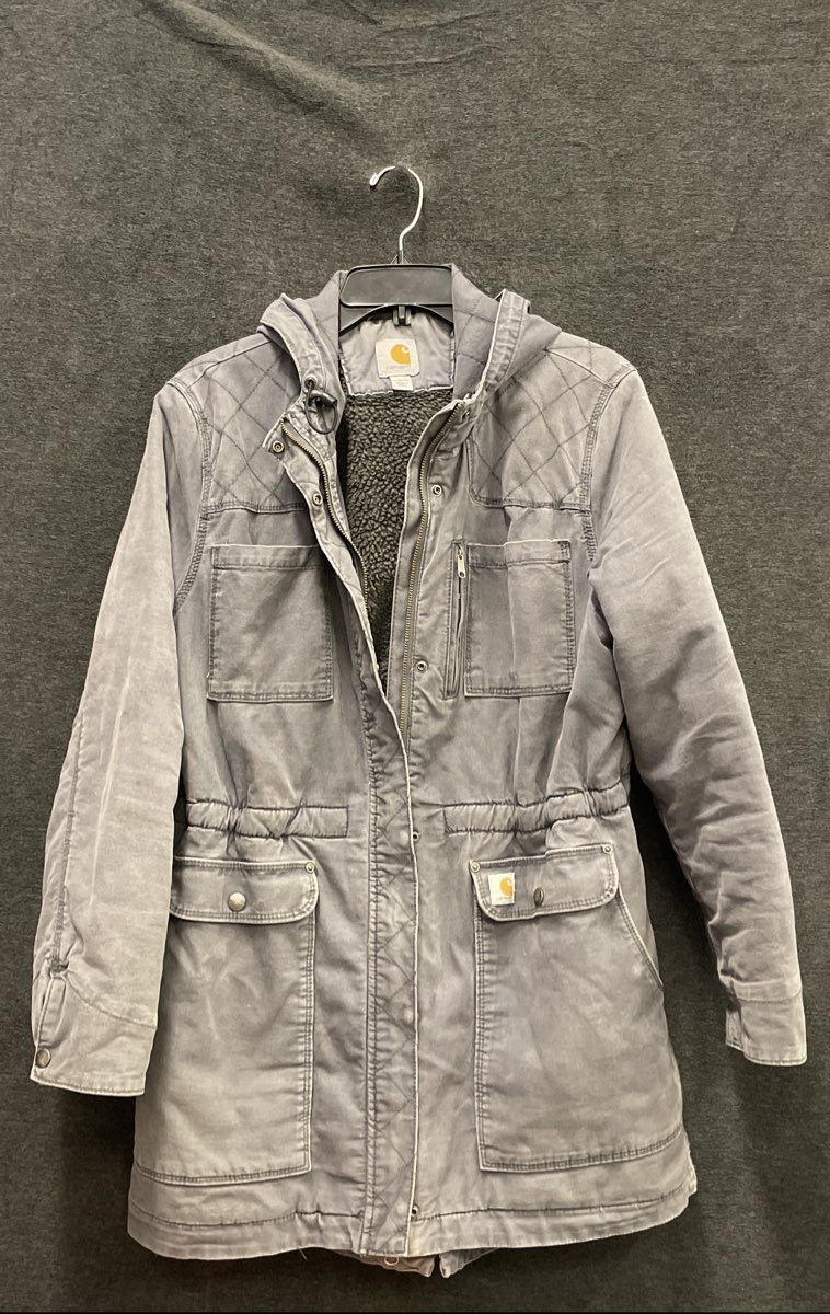 Carhartt Girl's Crawford Hooded Coat Gray Sherpa Lined Utility Parka Sz L 12/14