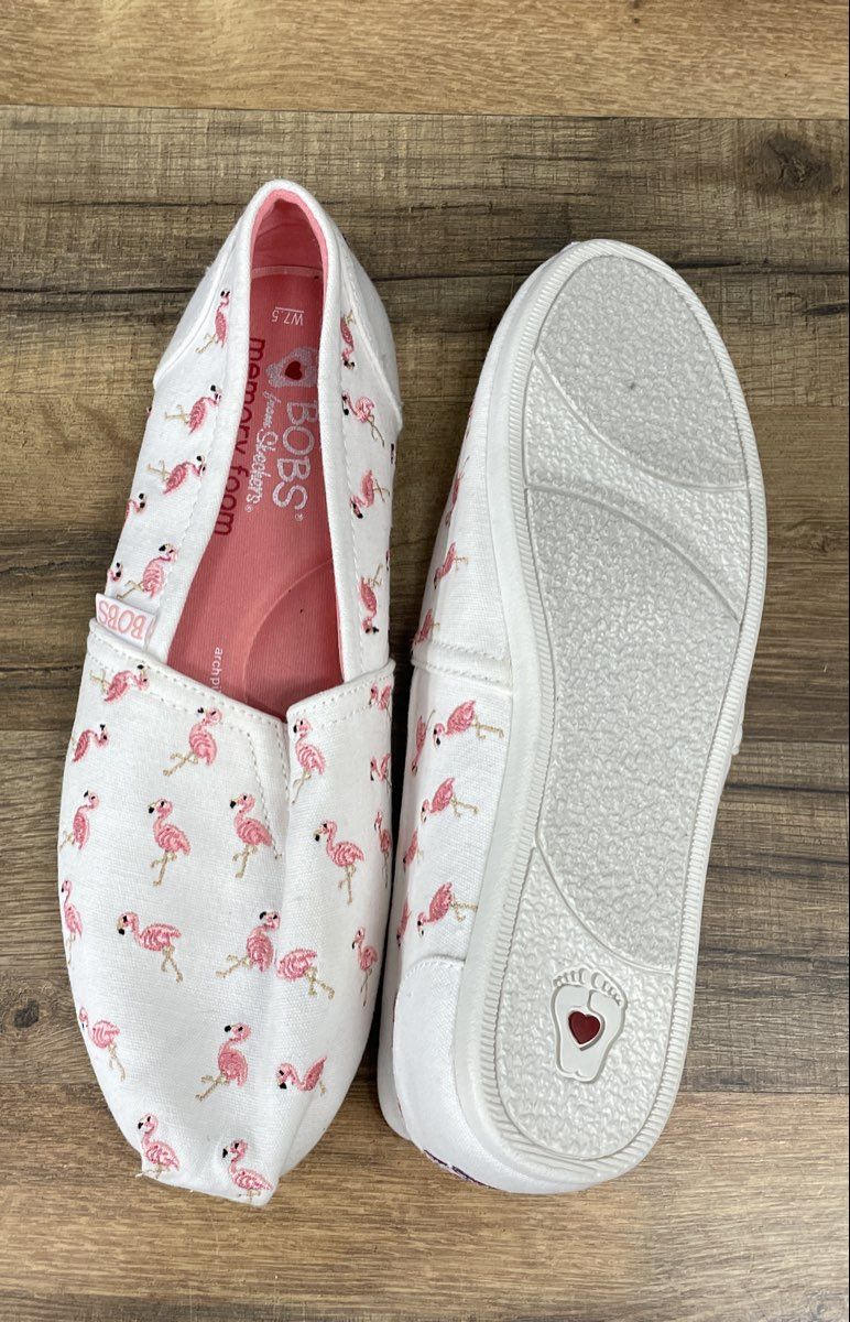 Skechers Bobs Plush Flamingo White Pink Slip-On Alpargata Shoes Size 7.5