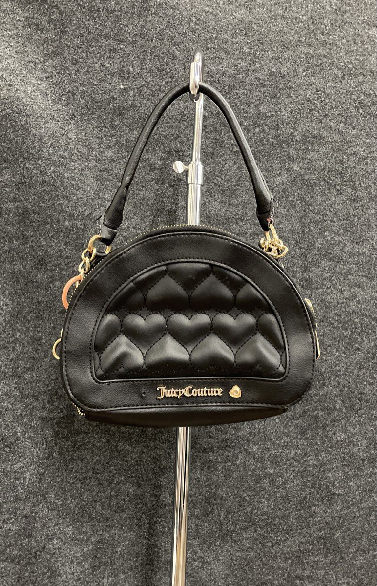 Juicy Couture Black Leather Quilted Heart Mini Dome Top Handle Purse Gold Tone