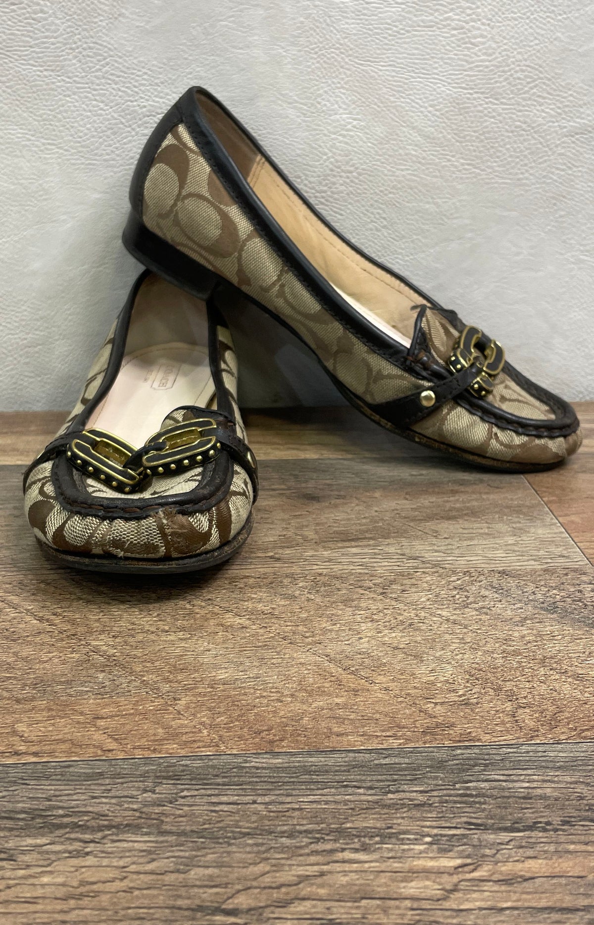Coach Ella Signature C Khaki Brown Jacquard Loafers Moccasin Flats Size 7.5 B