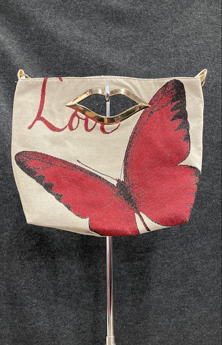 White Fabric Red Butterfly Love Lip Handle Tote Bag Handbag Large