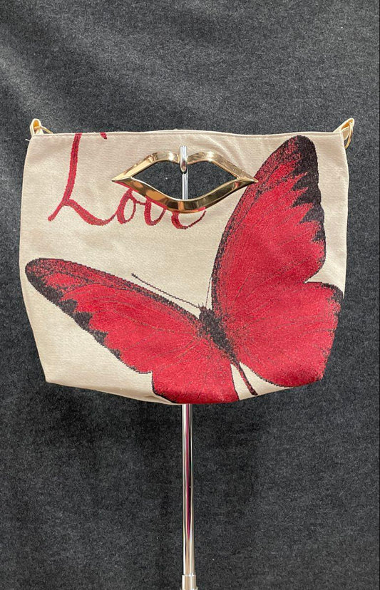 White Fabric Red Butterfly Love Lip Handle Tote Bag Handbag Large