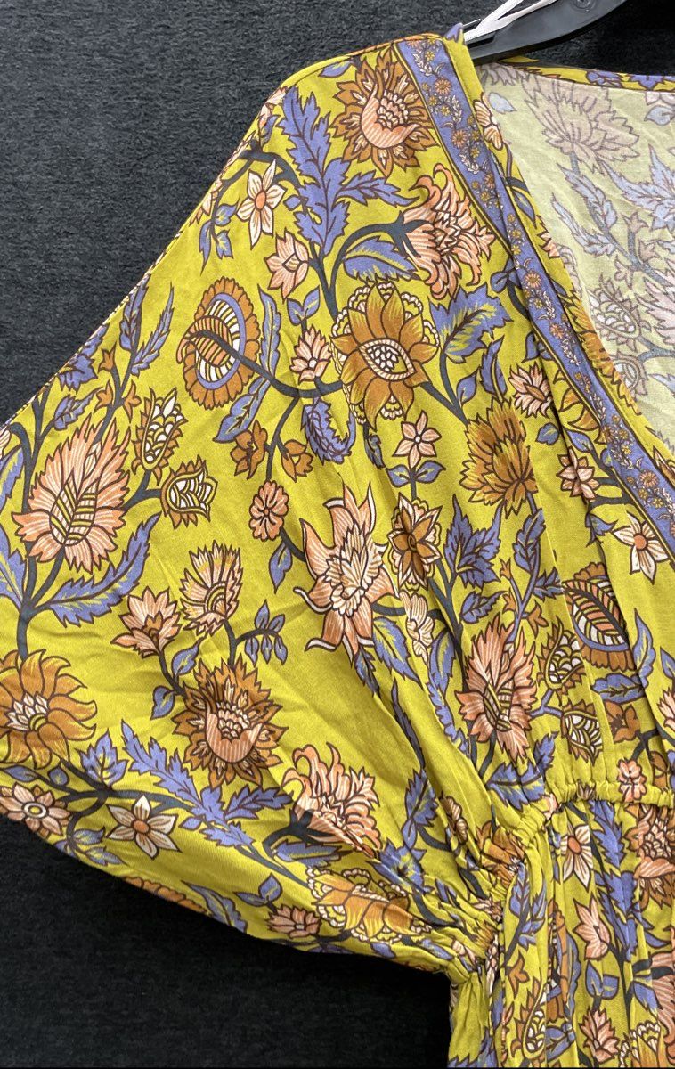 World Market Women's Boho Floral Maxi Dress Yellow Rayon V-Neck Tassel Sz L/XL