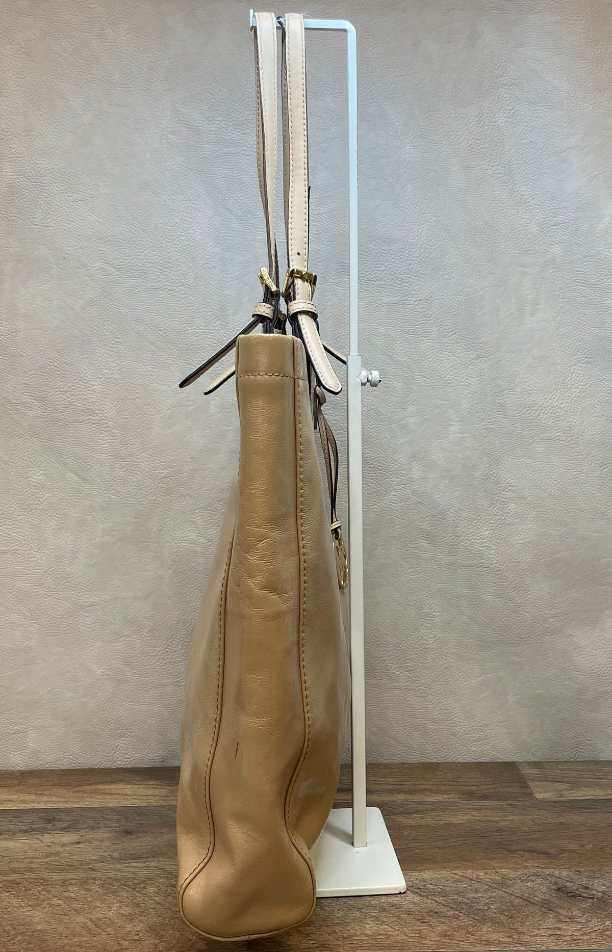 Michael Kors Beige Large Logo Charm Shoulder Tote Bag Gold Hardware