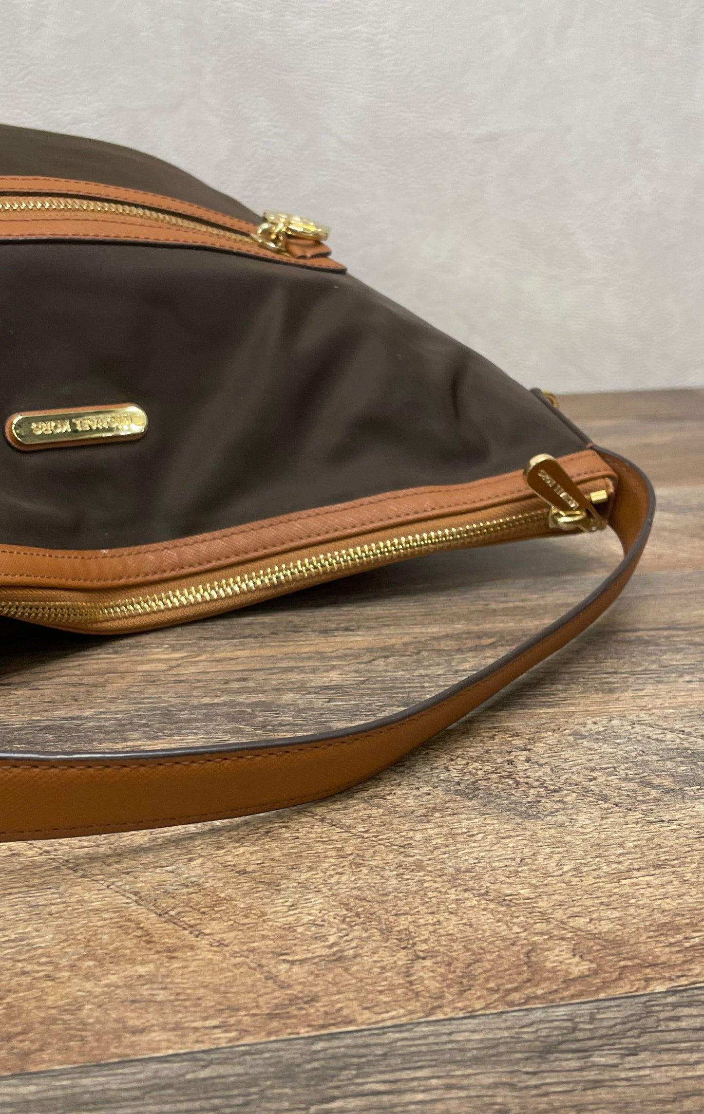 Michael Kors Brown Nylon Saffiano Leather Trim Hobo Shoulder Bag Gold Hardware