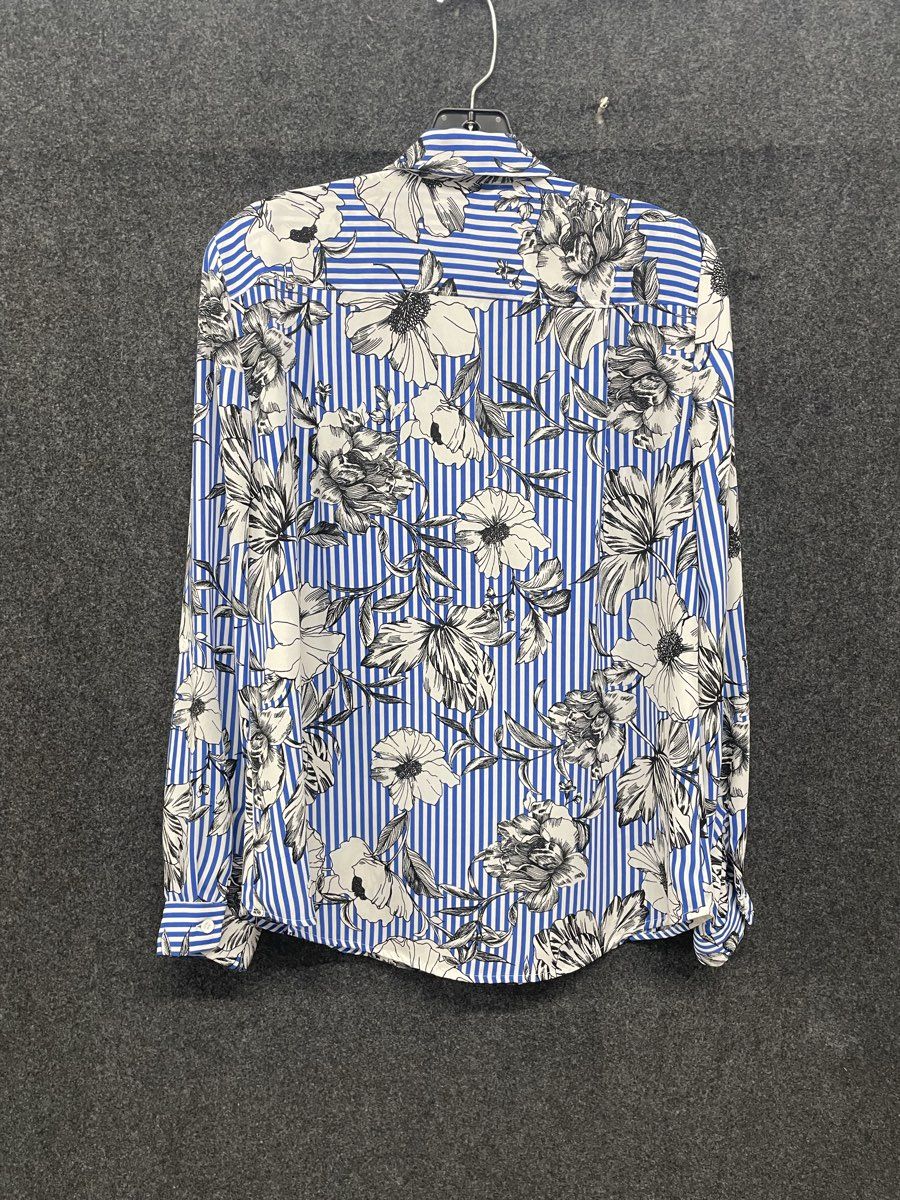 Jones Studio Women's Long Sleeve Shirt Blue White Striped Floral Sz S