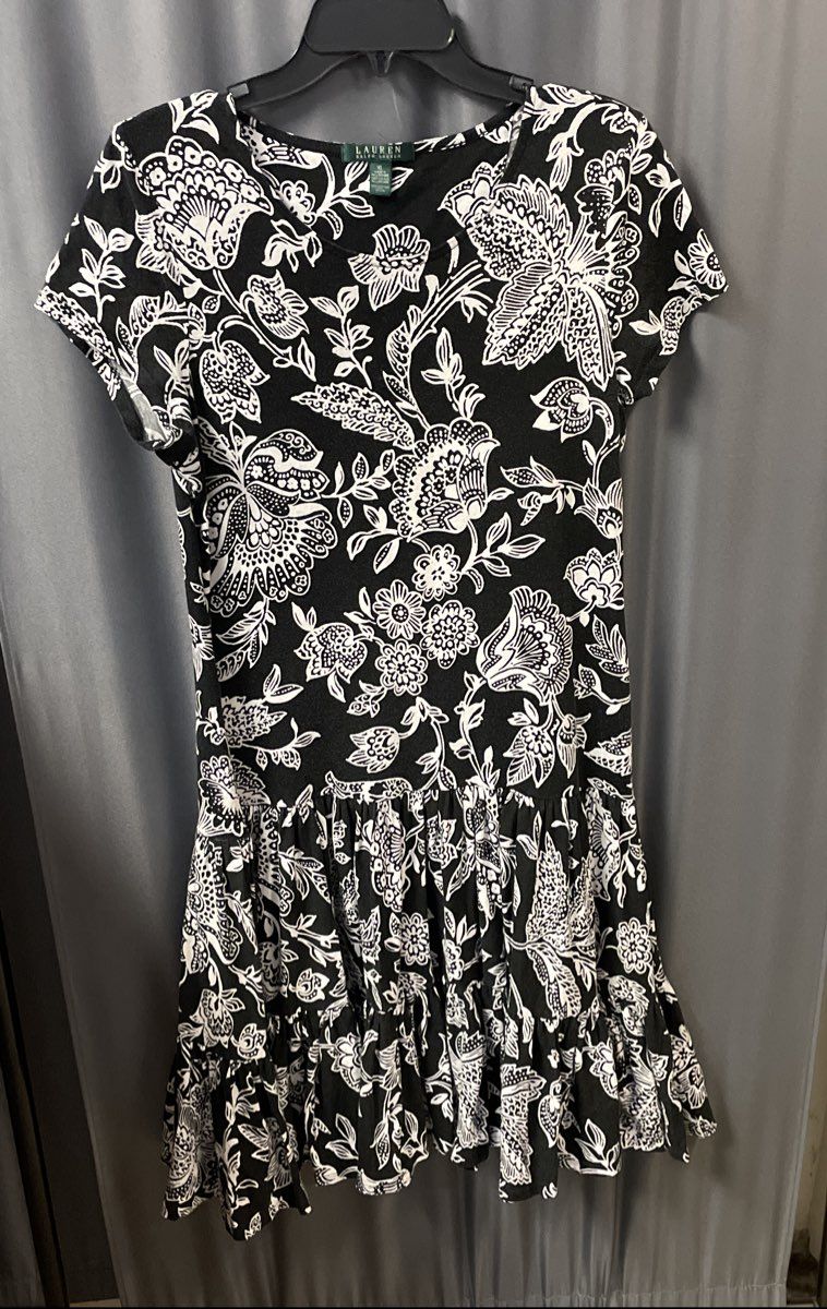 Lauren Ralph Lauren Women's Black White Floral Tiered Ruffle Cotton Dress Sz XL
