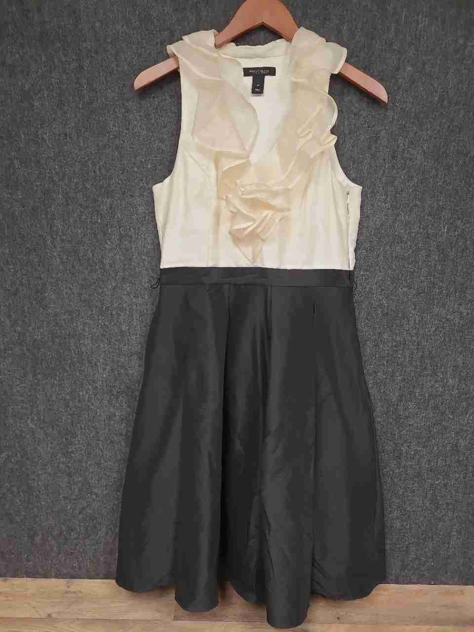 White House Black Market Women's White Black Silk Bodice Ruffle Dress Sz 8