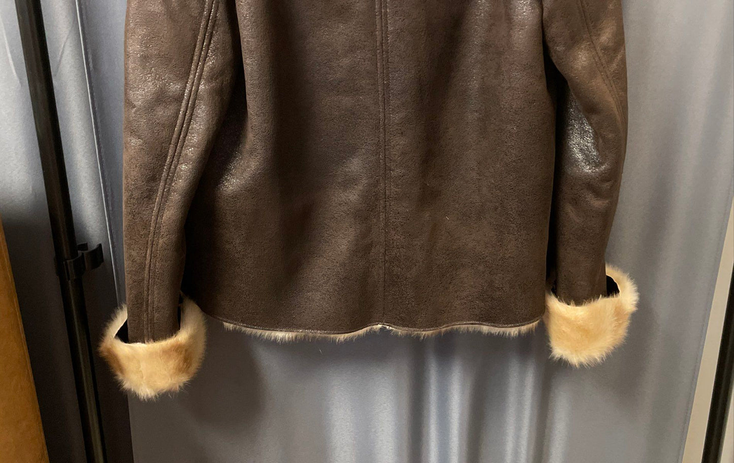 Vince Camuto Women's Brown Faux Suede Fur Trim Shearling Style Jacket Sz S
