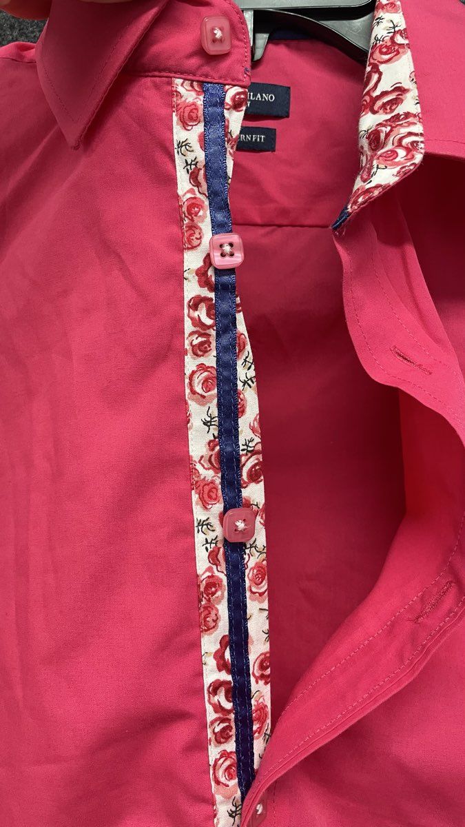 Rosso Milano Men's Hot Pink Modern Fit Button Up Shirt Floral Rose Trim Sz S 15