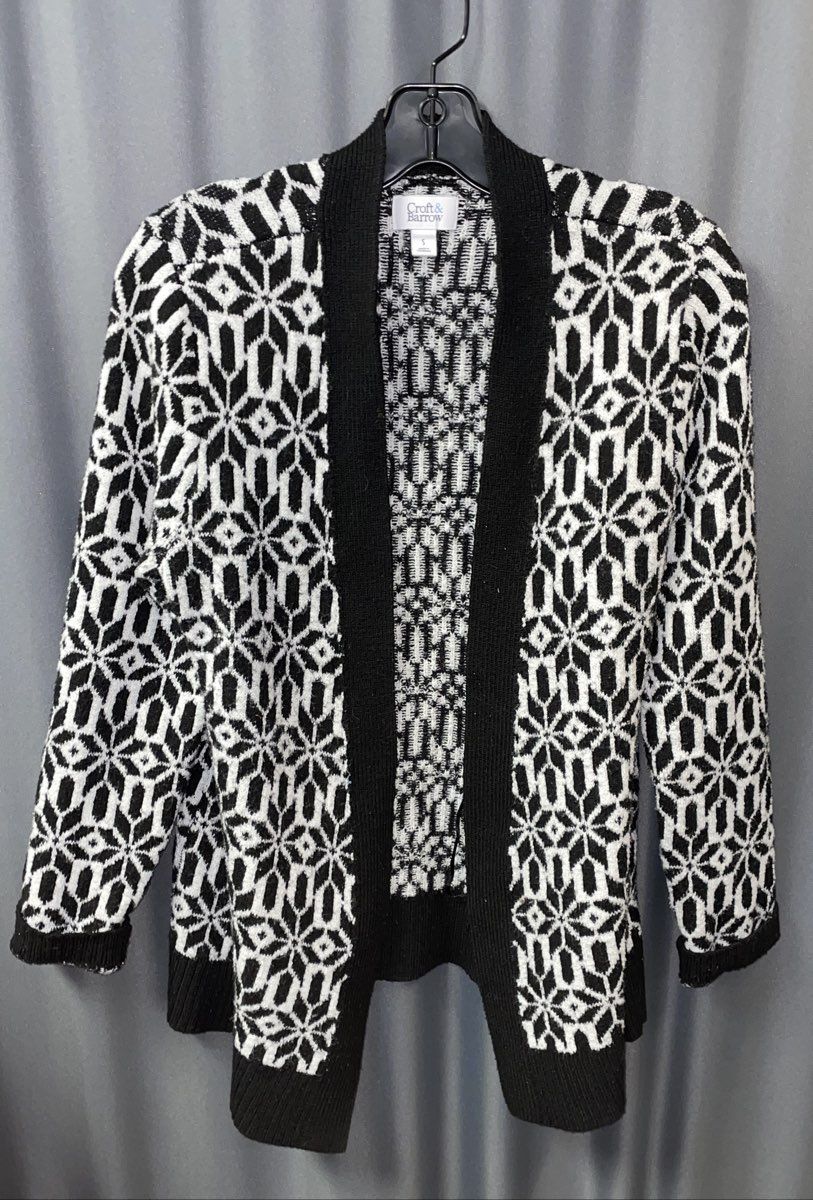 Croft & Barrow Women's Black White Geometric Fair Isle Open Front Cardigan Sz S