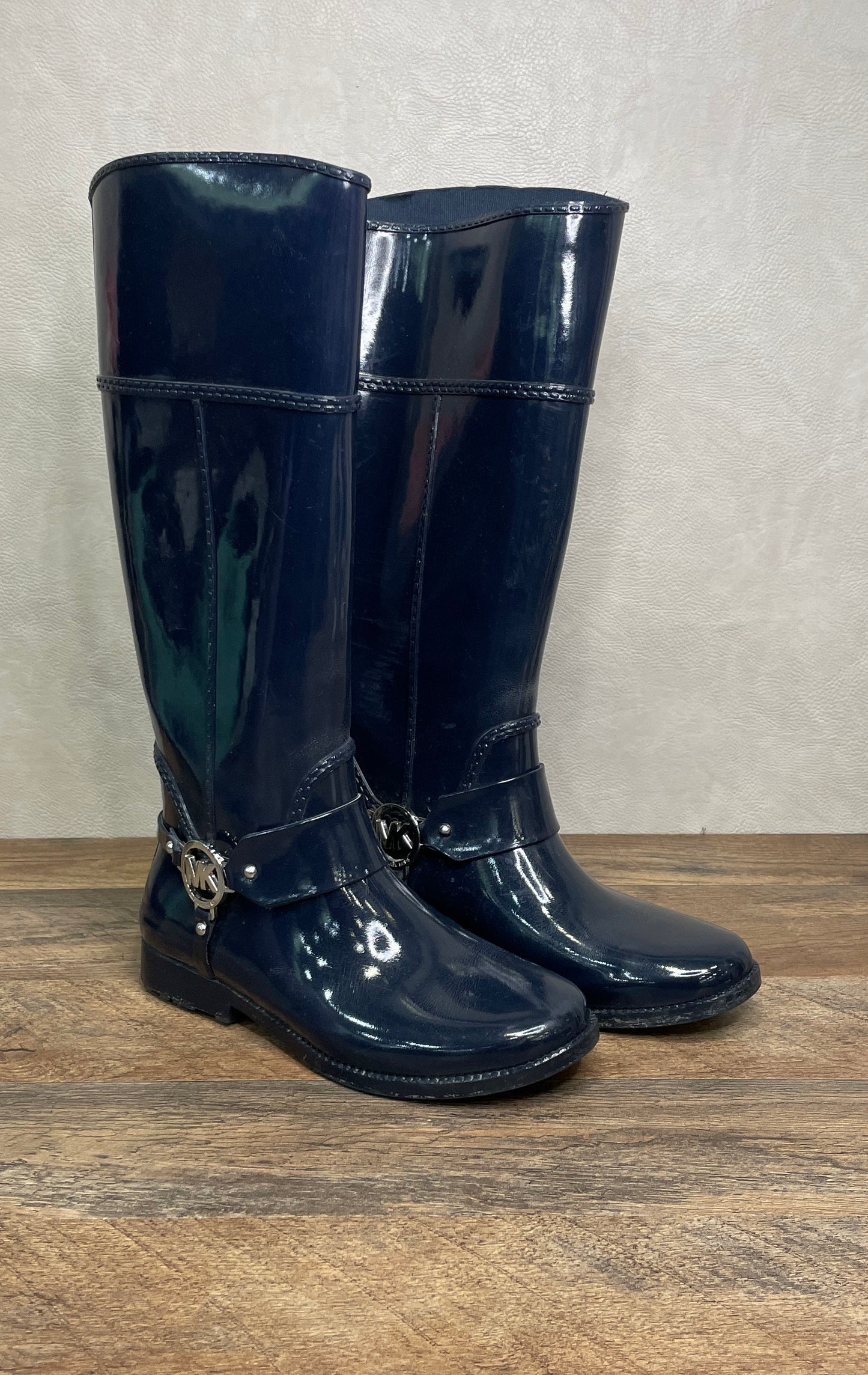 Michael Kors Navy Blue Glossy Rubber Harness Tall Rain Boots Women's Size 8