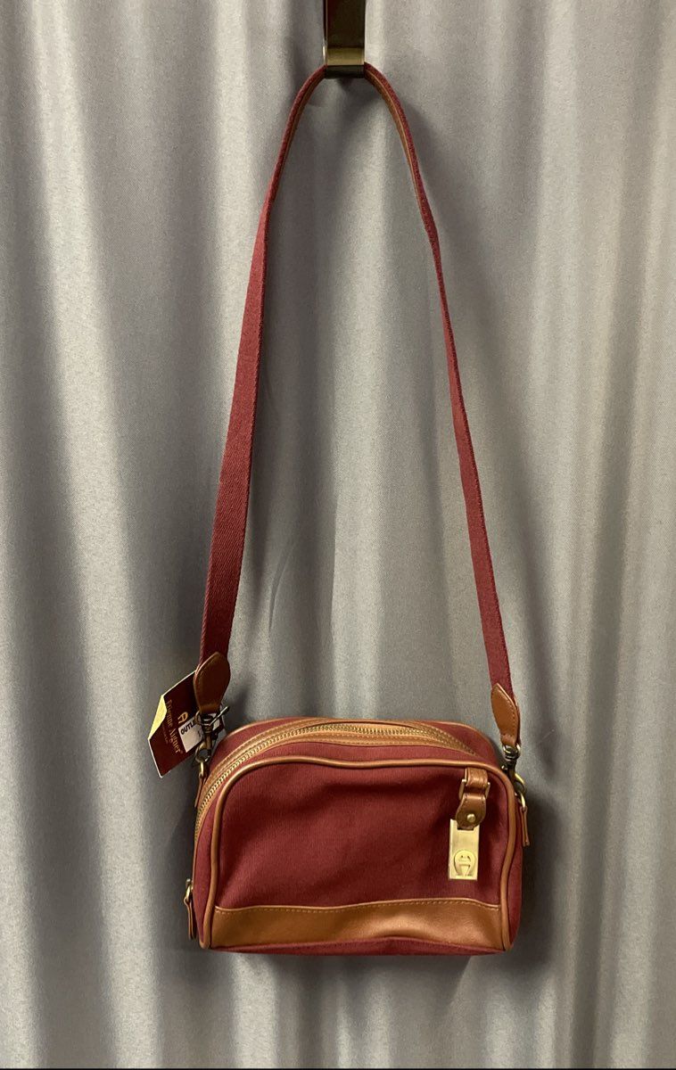 Etienne Aigner Burgundy Canvas Brown Trim Shoulder Crossbody Bag NWT
