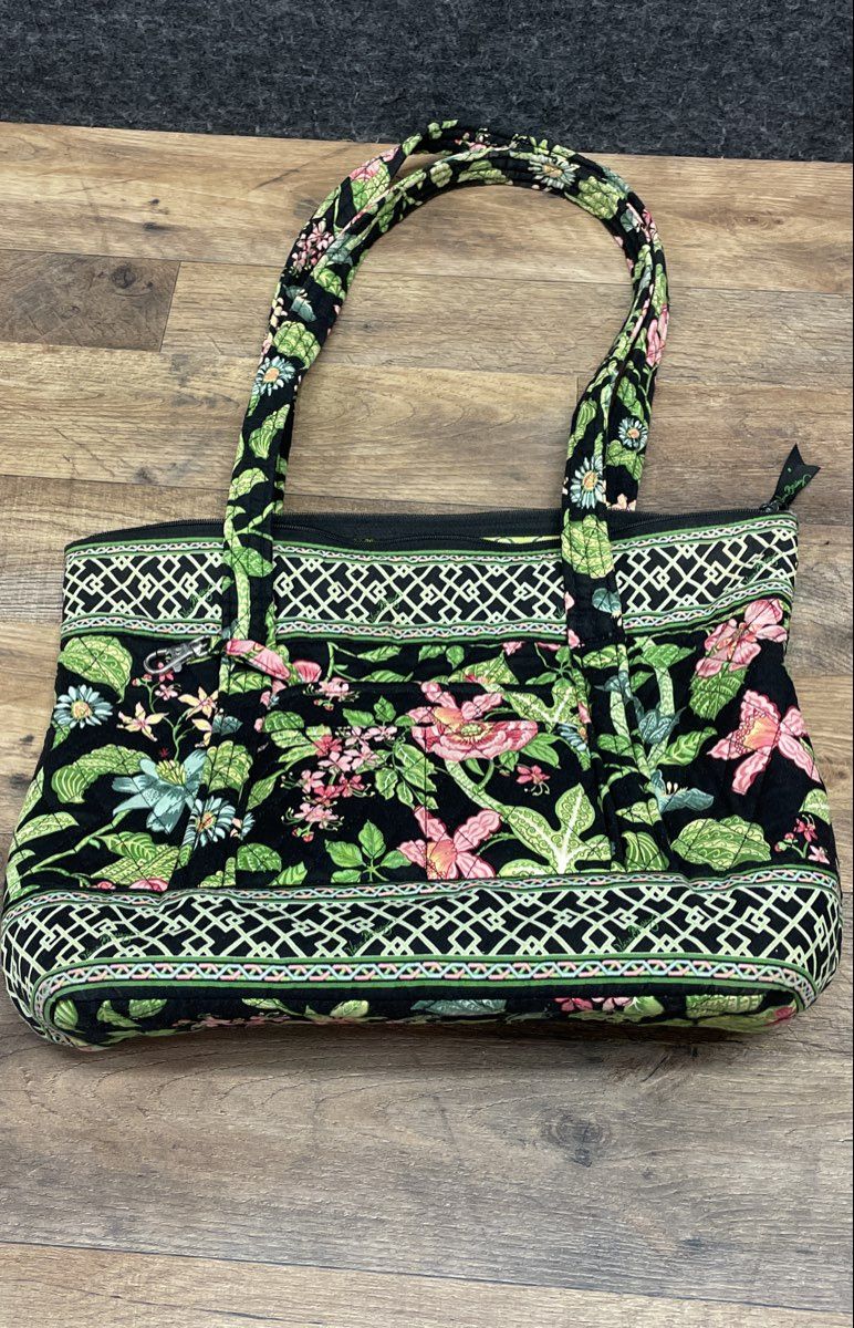 Vera Bradley Petal Pink Floral Black Quilted Cotton Tote Bag Large Zip Top