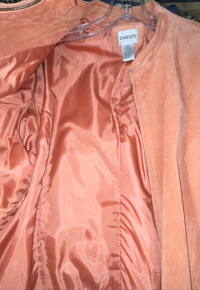 Chico's Women's Orange Suede Leather Full Zip Jacket Stand Collar Sz 3