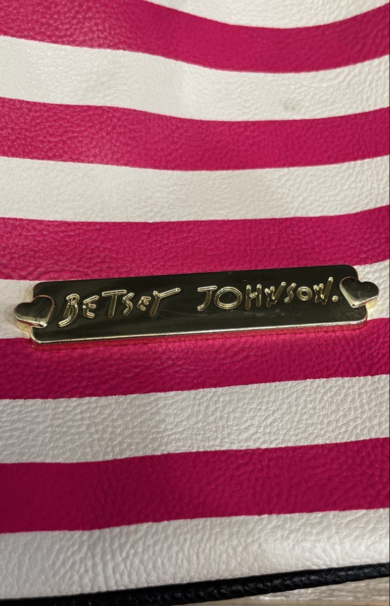 Betsey Johnson Pink White Black Striped Faux Leather Satchel Purse Handbag