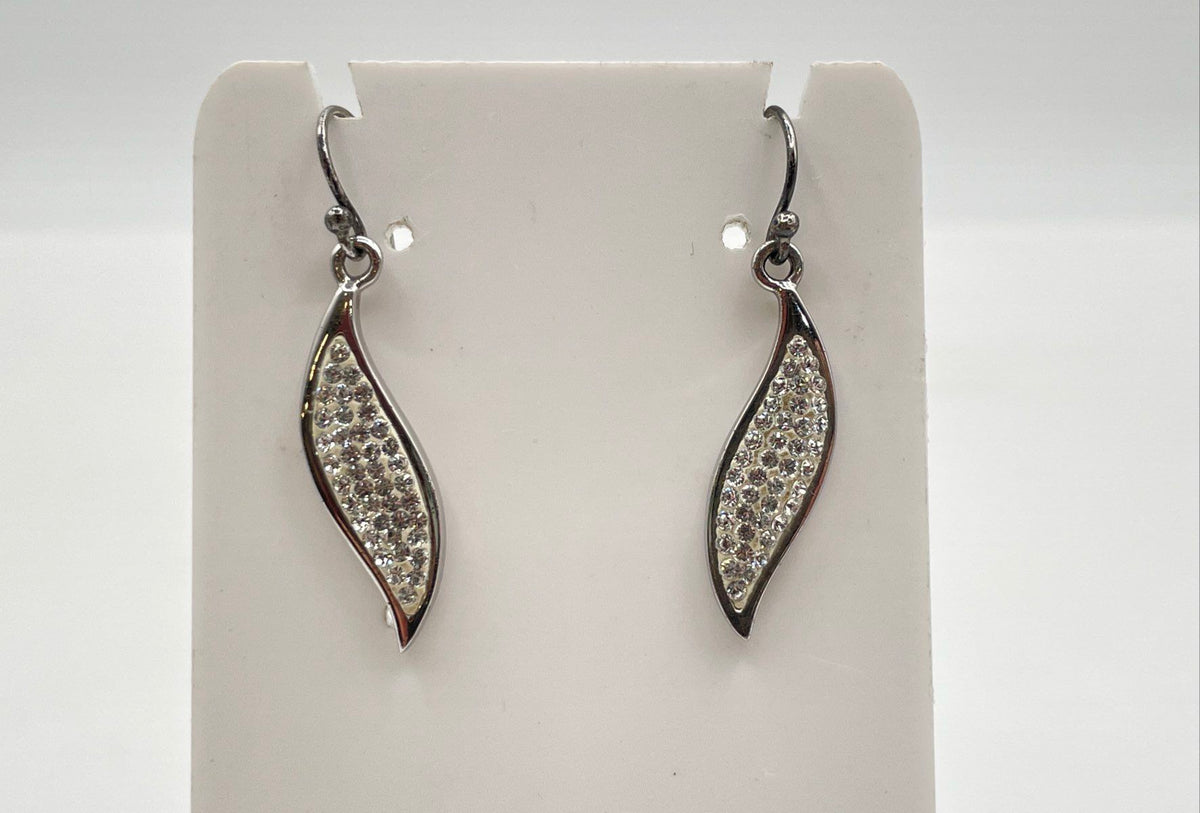 925 Sterling Silver Rhinestone Pavé Curved Leaf-Shaped Dangle Earrings 3.8g