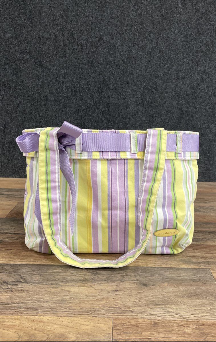 Longaberger Purple Yellow Striped Canvas Fabric Tote Bag Small Ribbon Bow