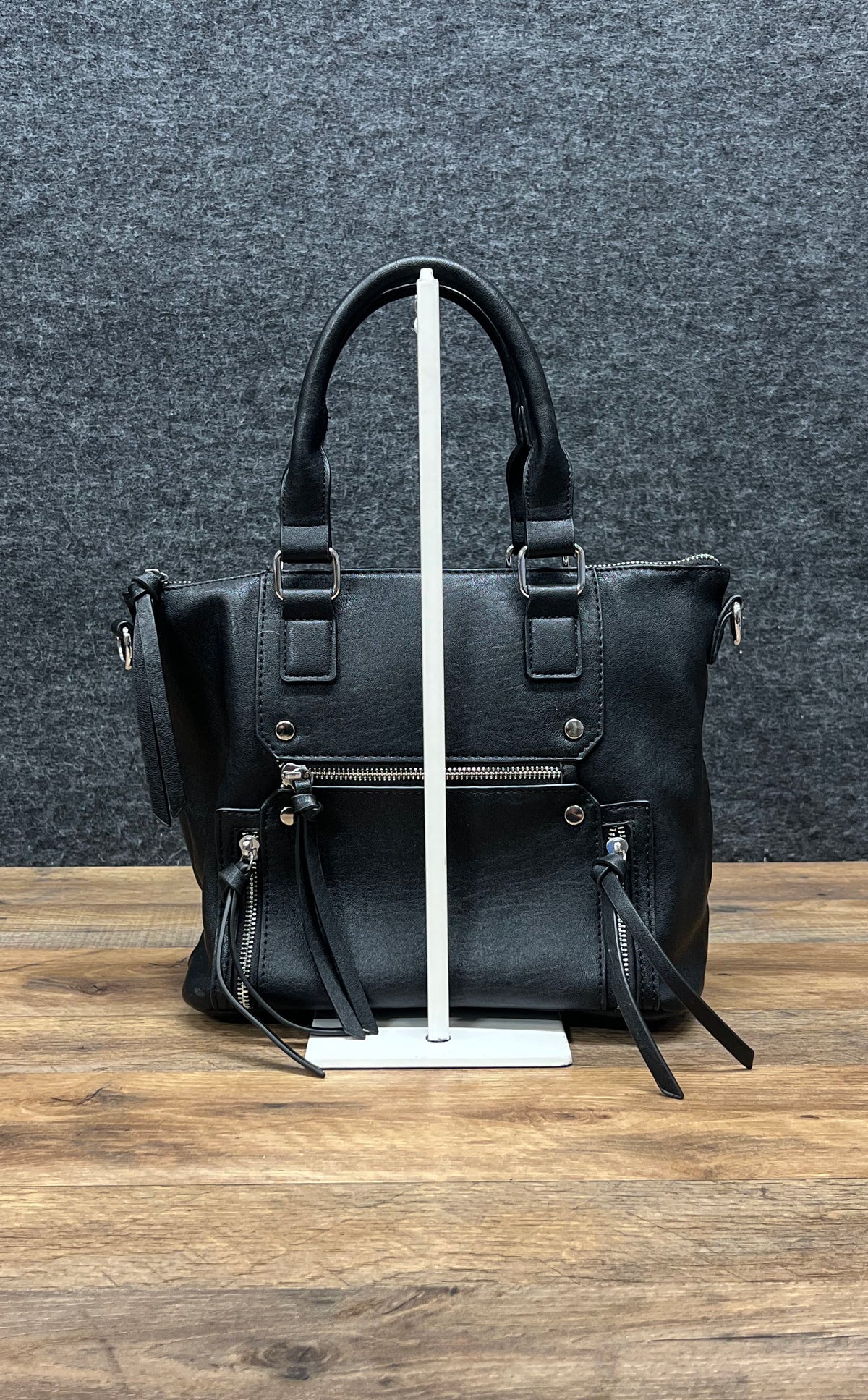 Antik Kraft Black Vegan Leather Satchel Tote Handbag Silver Hardware Multi-Zip