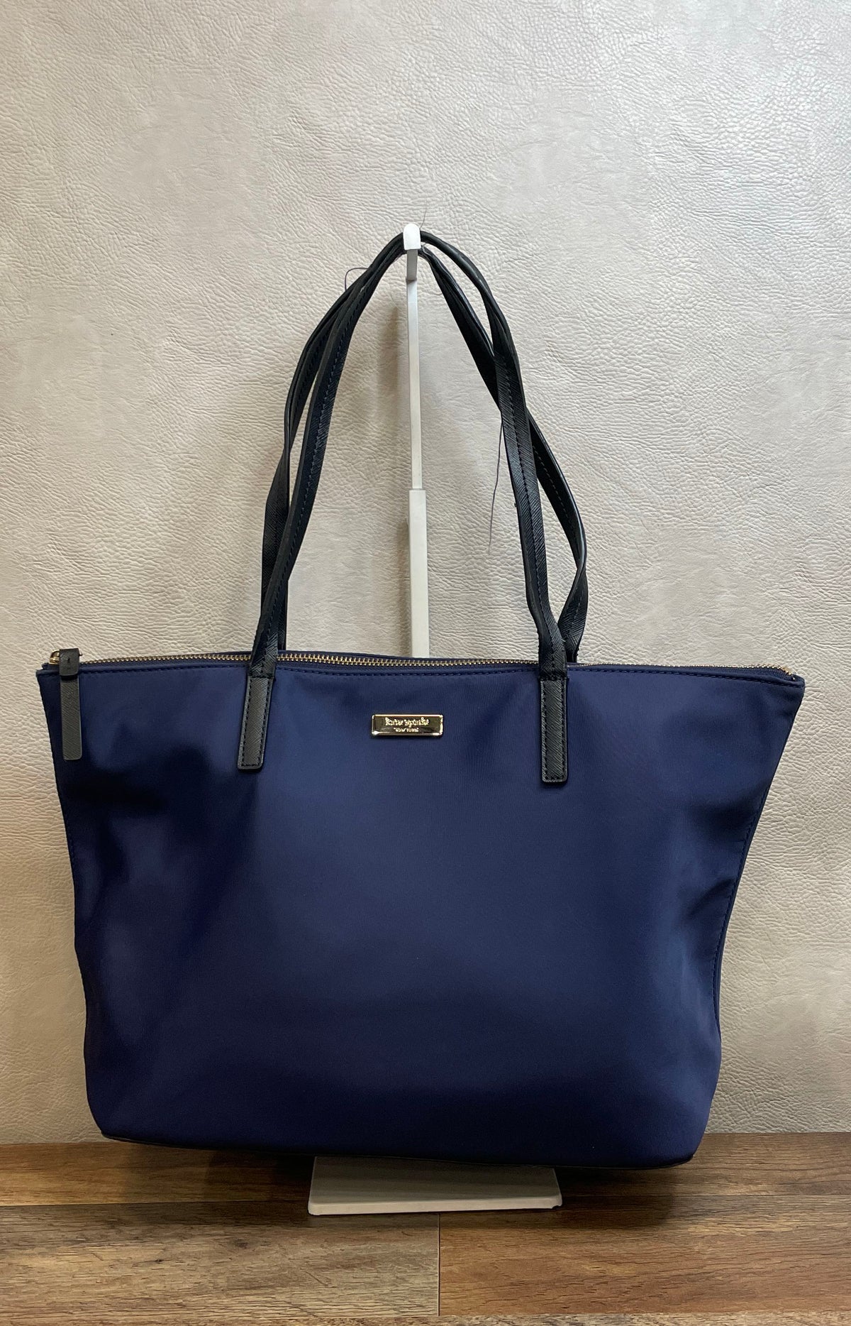 Kate Spade Navy Blue Nylon Tote Bag Black Saffiano Trim Gold Hardware