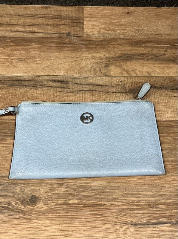Michael Kors Light Blue Pebbled Leather Large Wristlet Pouch Silver Hardware