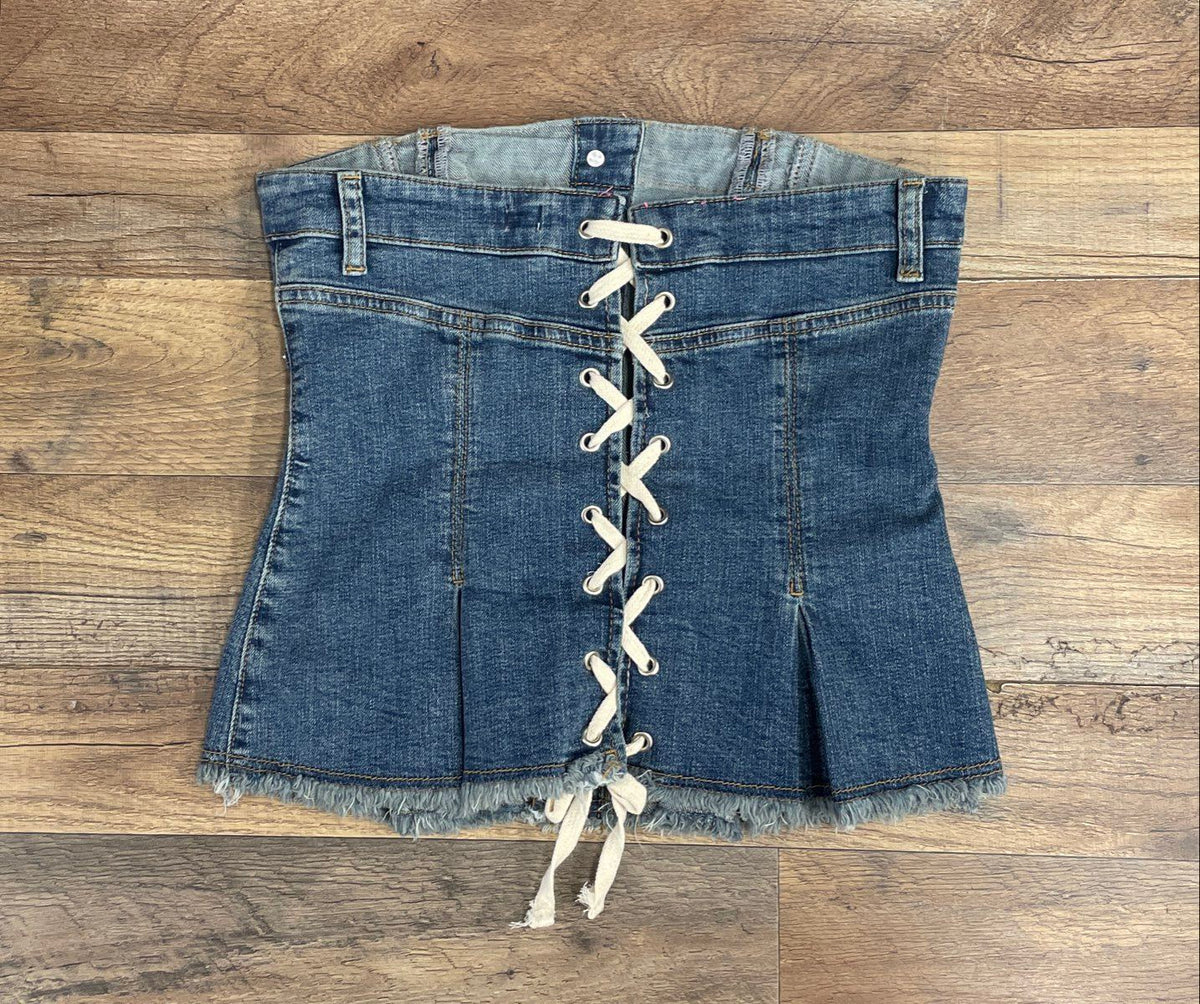 Urban Outfitters BDG Women's Blue Denim Button Front Lace Up Corset Top Sz S