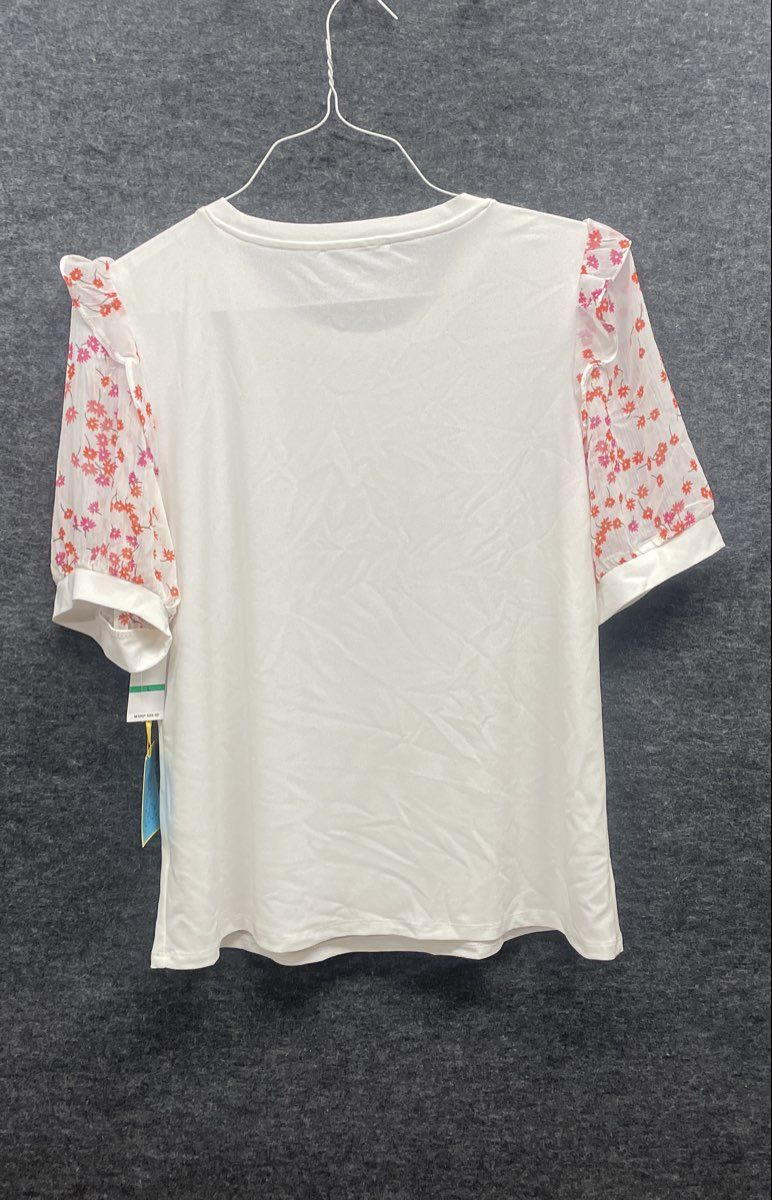 CeCe Women's White Floral Ruffle Sleeve Mixed Media Crew Neck Top Sz L NWT