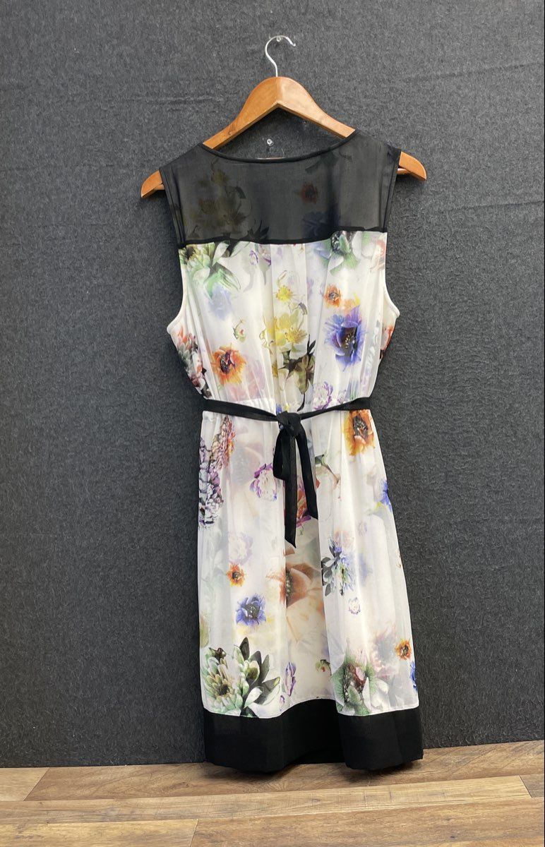 Simply Vera Wang Women's Floral Pleated Sleeveless Dress White Black Sz L