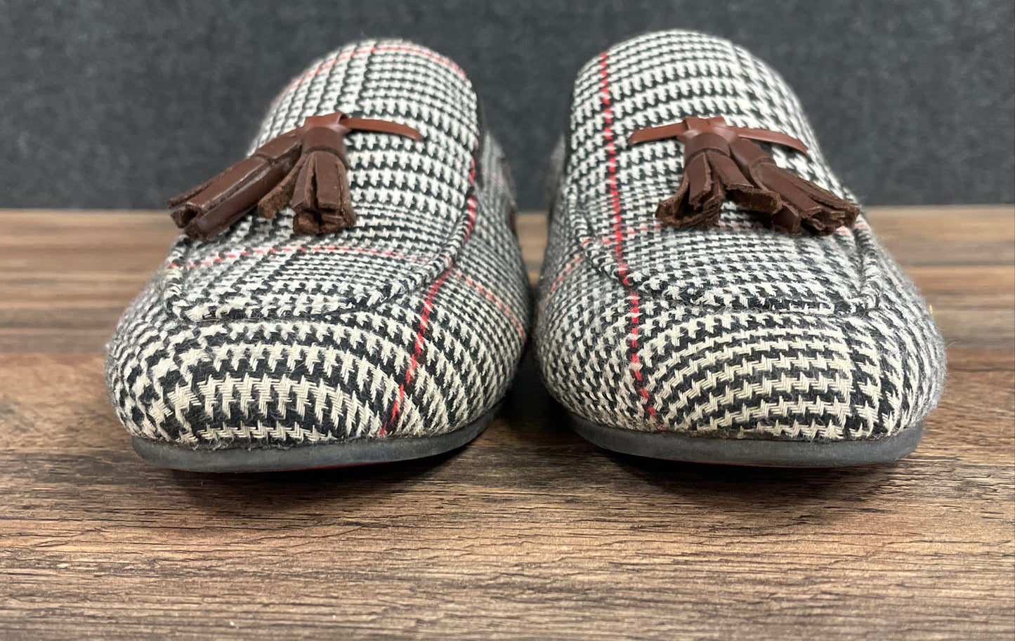 Elanroman Houndstooth Tassel Loafers Prince of Wales Check Red Sole Size 43