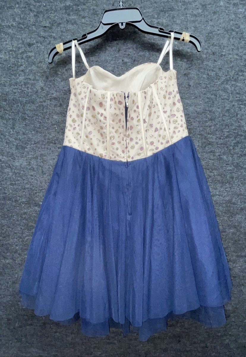 Women's Navy Blue Tulle Homecoming Dress Rhinestone Beaded Corset Bodice Sz M