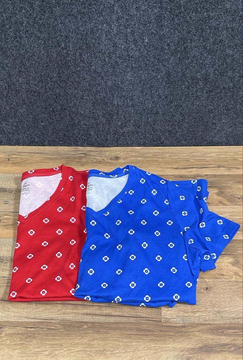 Kim Rogers Women's V-Neck T-Shirts Lot of 2 Red Blue Geometric Print Sz L