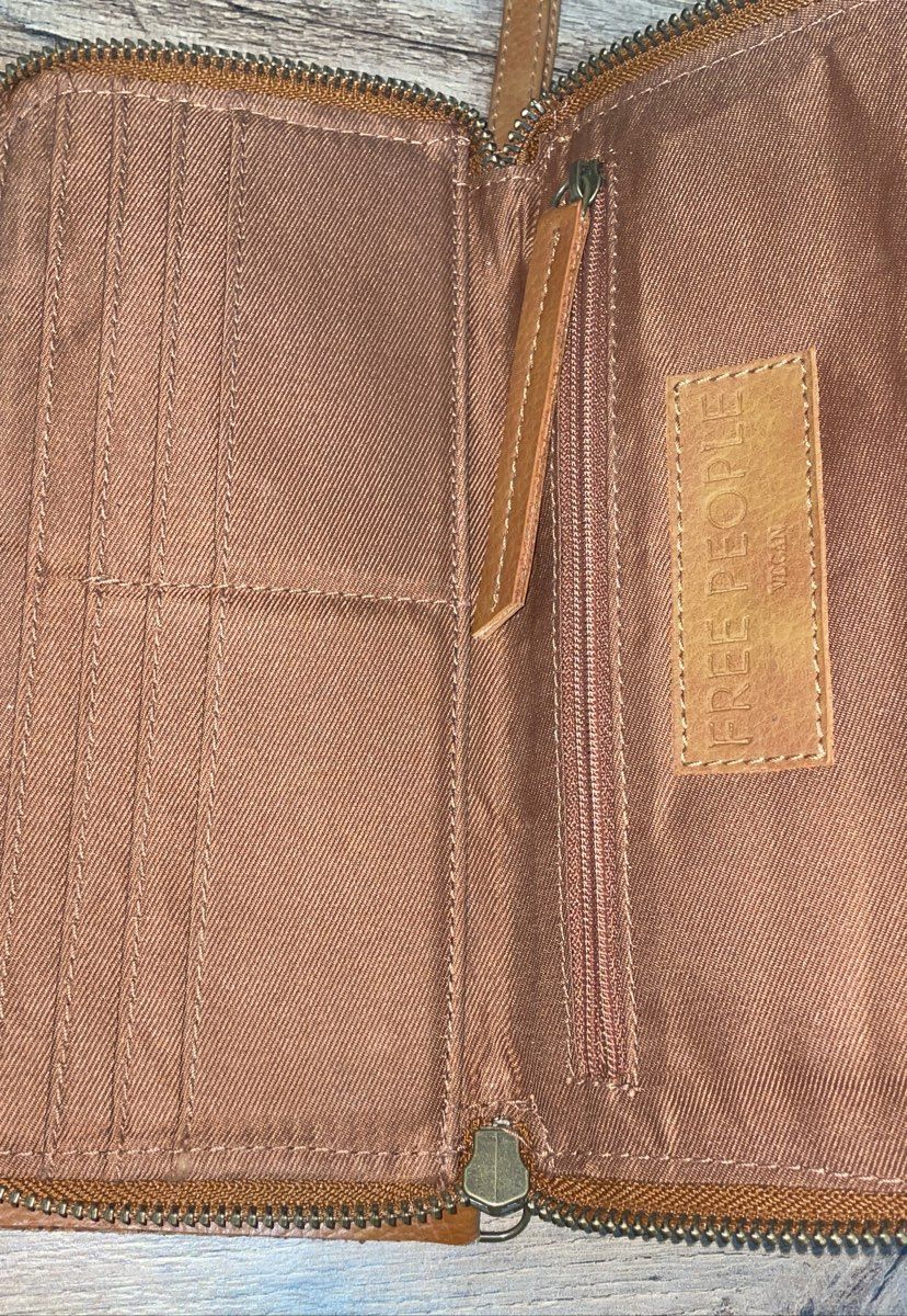 Free People Tan Studded Vegan Leather Zip Around Wristlet Wallet